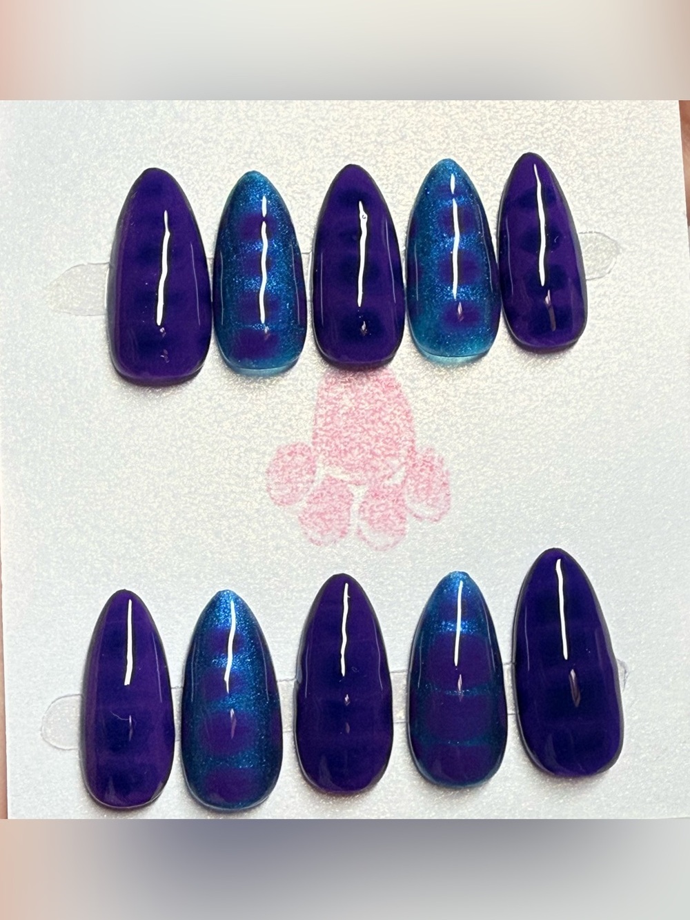 Purple & Blue cateye blooming nails size small on medium almond length
